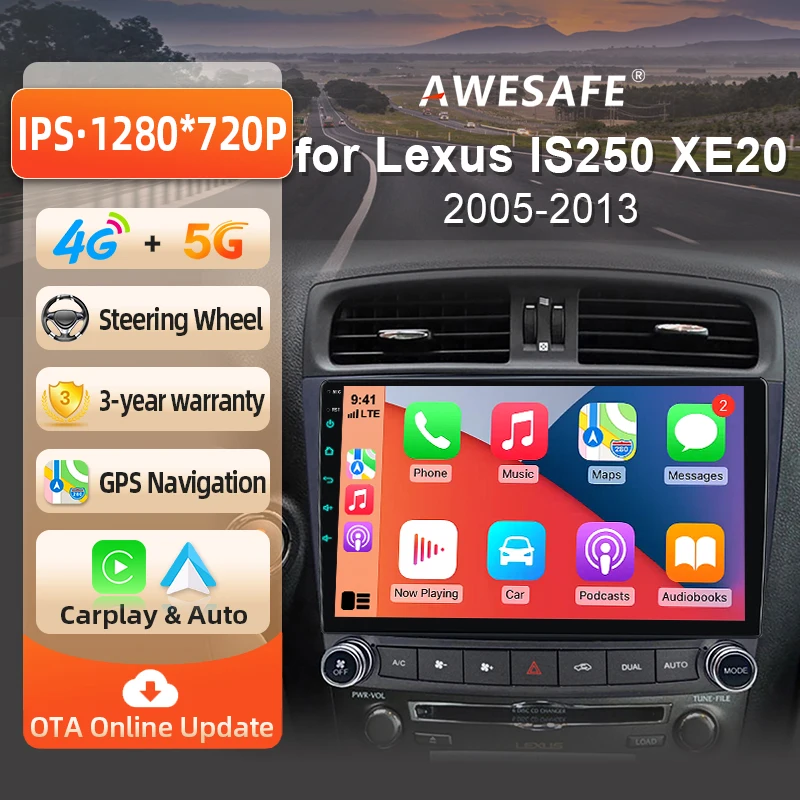 Autoradio Android AWESAFE 10 pouces pour Lexus IS250 XE20 2005-2013, CarPlay et Android Auto sans fil, navigation GPS, support multimédia, commande au volant, amplificateur de subwoofer, caméra arrière avec CAN-BUS, prise EU, Plug and Play, DAB+, autoradio numérique 2 DIN, autoradio stéréo