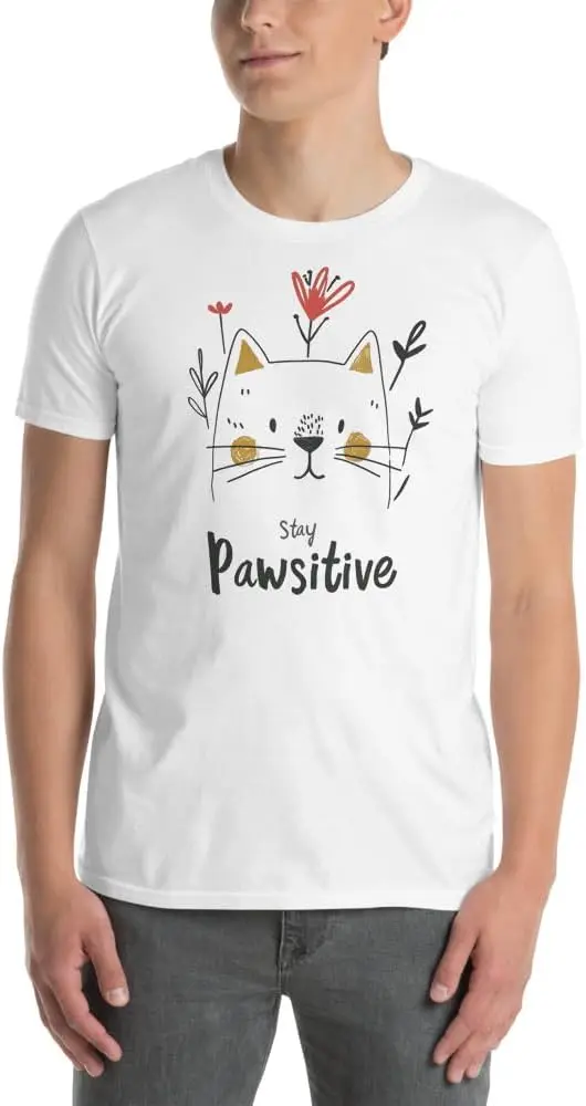 Футболка с надписью Stay Pawsitive Cat | Милый мотивационный принт для женщин и мужчин | Вдохновляющая рубашка высокого качества из 100% хлопка с коротким рукавом