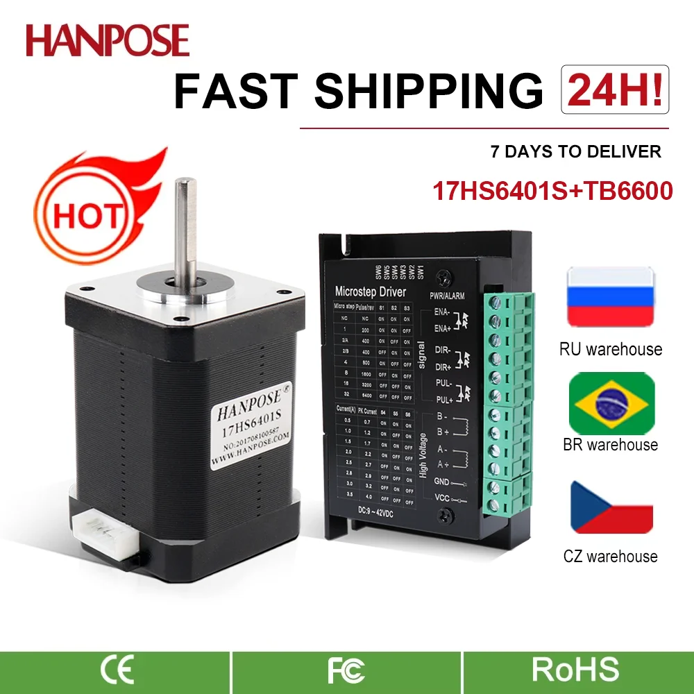 

HANPOSE 2 Phase 4 Lead Nema17 Hybrid Stepper Motor 1.8 Degree 17HS6401S Driver TB6600 For CNC Laser Engraver 3D Printer