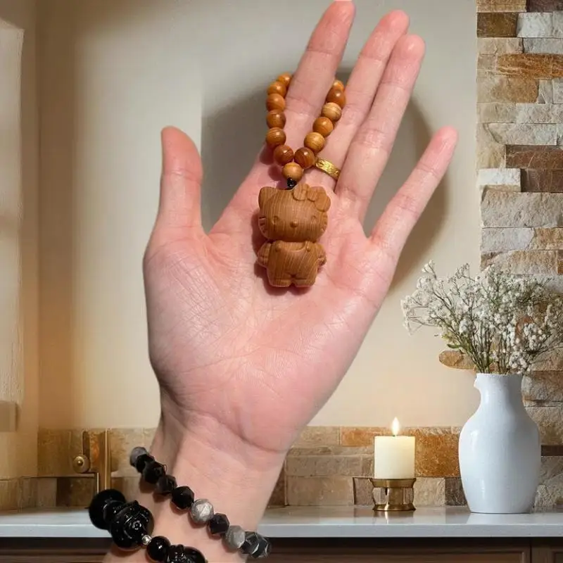 Cute Natural Aged Old Material Cypress Wood Kitty Hand Twist Play Cartoon Hello Kitty Tide Play Figure Wood Carving Pendant Gift