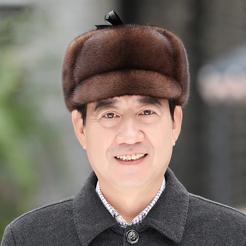 Men's Winter Mink Hair Hat Casual Thickened Lei Feng Hat Outdoor Cold Warm Hat Real Mink Fur Old Man Hat New 2023