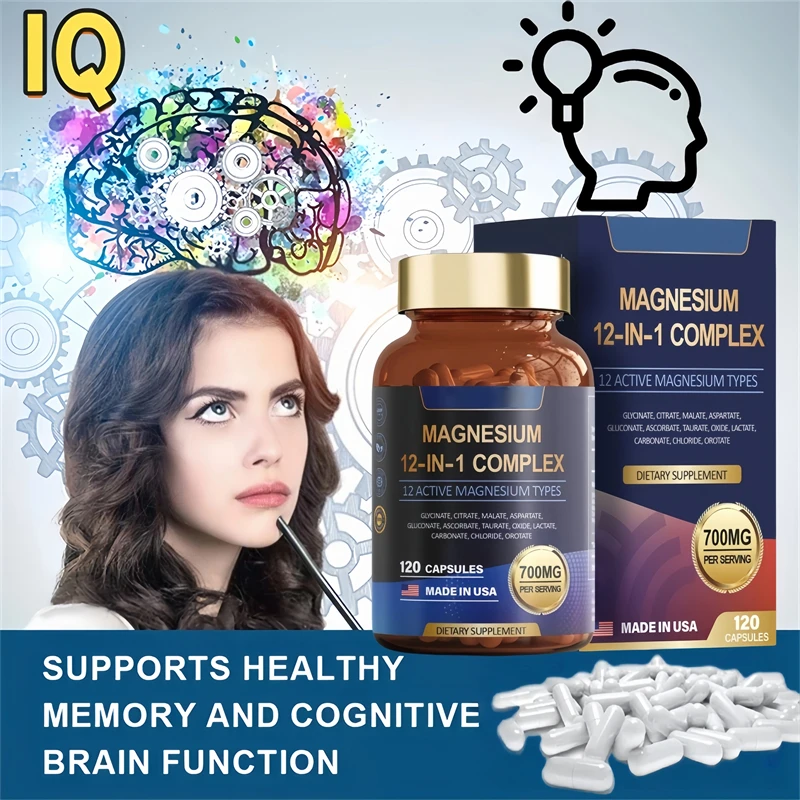 

Magnesium Complex 12 in 1 Capsules with Glycinate Citrate Malate Oxide Taurate & Citrate for Muscle,Heart, Brain Booster