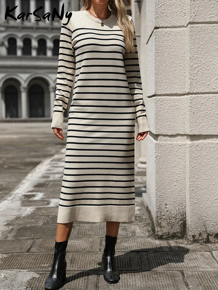 Striped Women\'s Knitted Dress Autumn O Neck Long Sleeves Casual Knitwear Dress For Women Elegant Female Loose Sweater Knit Dress