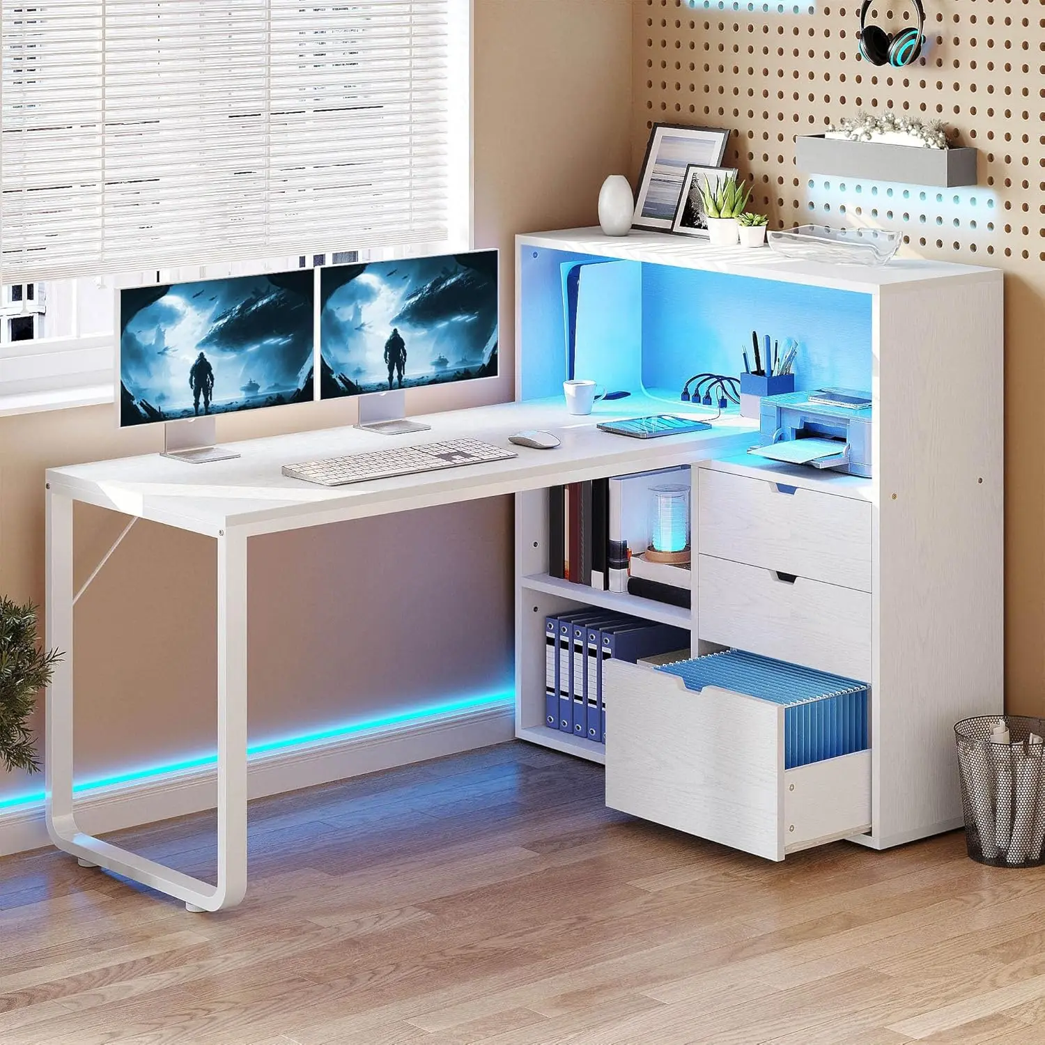 

L-образный стол с розетками, компьютерный стол 55 дюймов с ящиками и книжной полкой, стол для домашнего офиса со светодиодной подсветкой