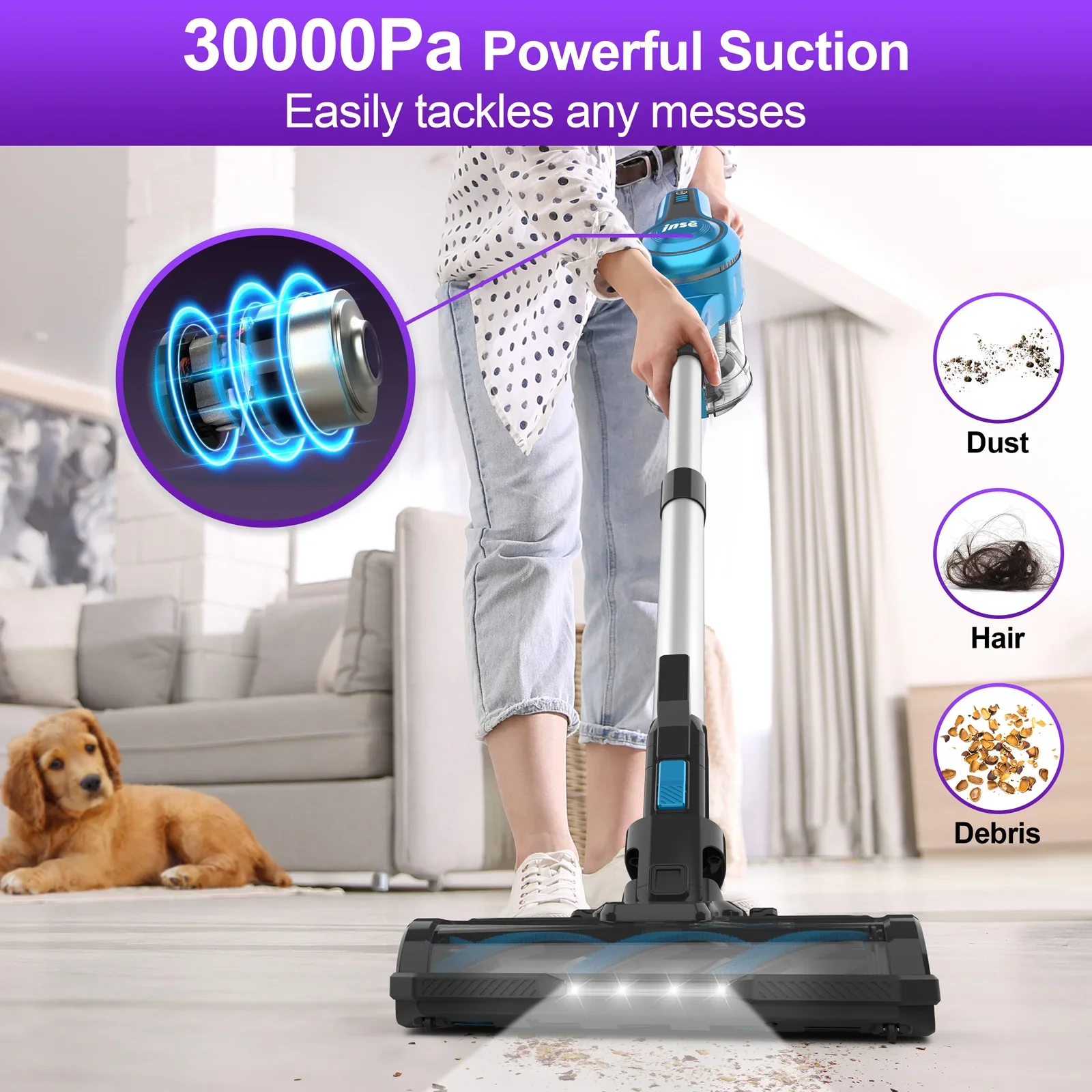 S62 Cordless Vacuum Cleaner,  to 45 Minutes Run-time, 30KPA Powerful Suction,  Hardwood Floor Carpet Pet，Purple,Blue