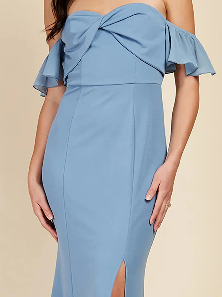 Lucyinlove-vestido de noche elegante de gasa azul sin tirantes, vestidos de dama de honor con abertura larga para mujer, vestido de noche elegante para fiesta y graduación