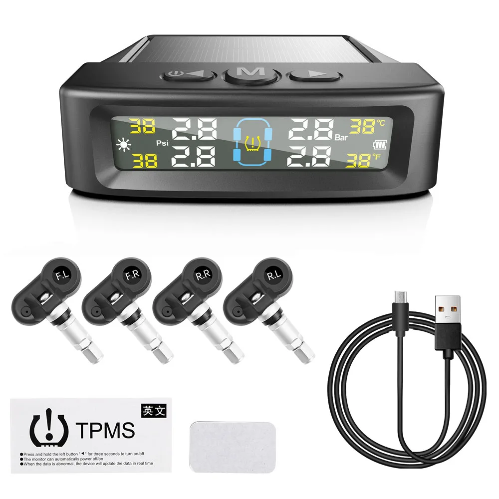 

With 4 External Sensors Tire Pressure Monitoring System Solar TPMS Car Tyre Pressure Monitor Temperature Warning Fuel Save