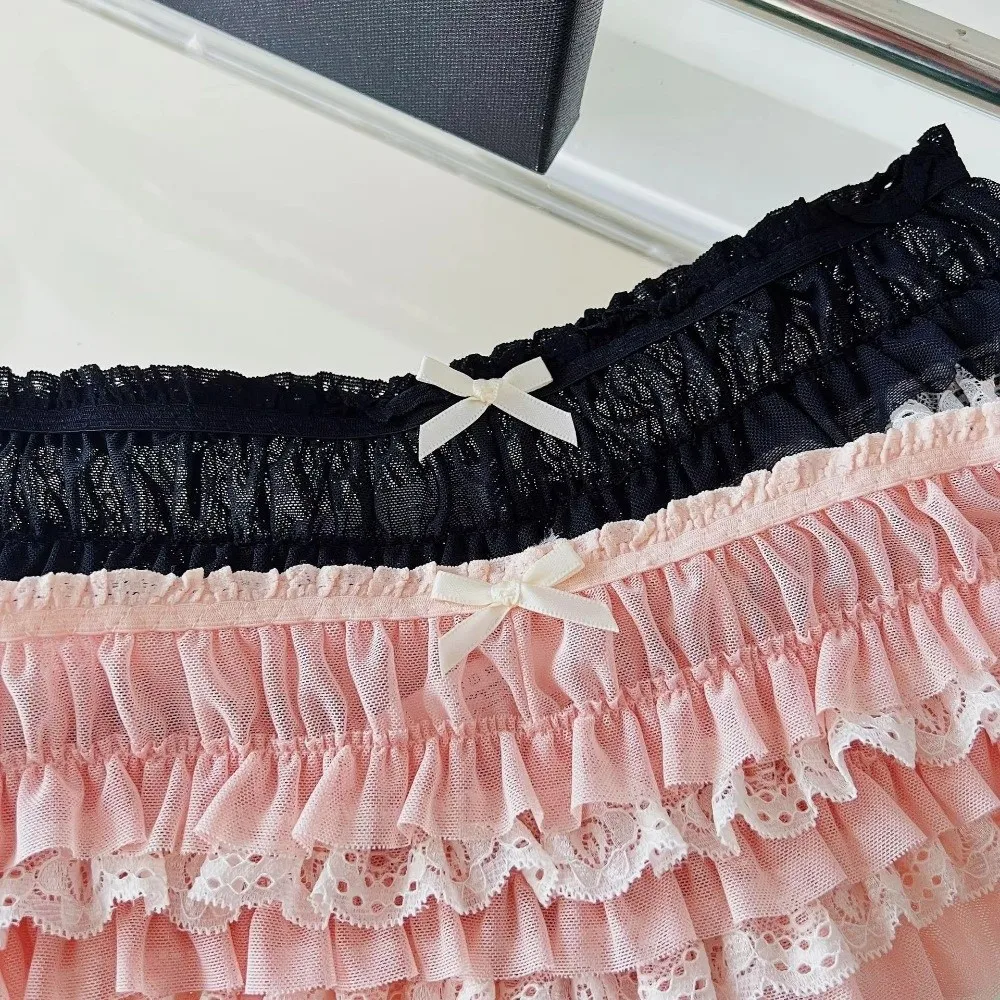 Cotton Crotch Women's Lace Panties Sweet Bow Lace Trim Ruffled Lace Panties Layered Ruffles Breathable Mesh Women's Underwear