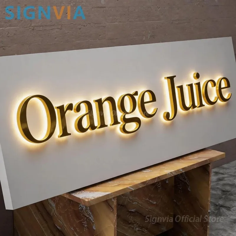 Orange Juice Custom Neon Shop Signage, LED Backlit Signboard, Metal Luminous Wall Letters Logo for Business Garage Decor