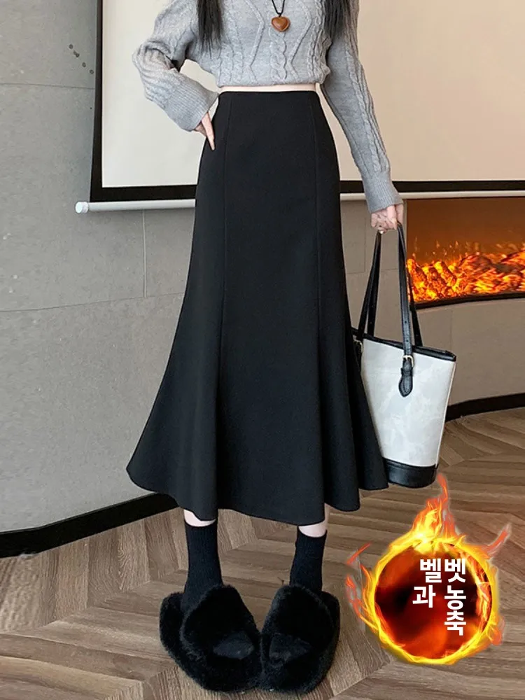 Black Woolen Fishtail Skirt Women Autumn and Winter Thickened High Waist Slimming A Word Skirt Small Hip Skirt Mid-Length