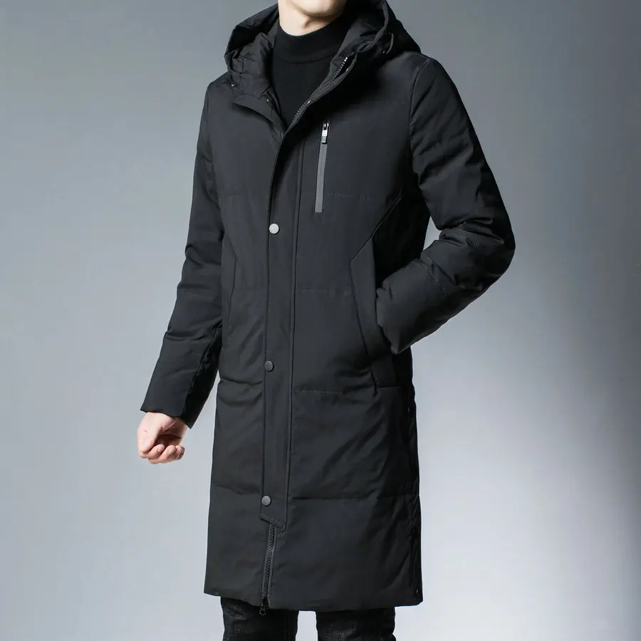 

Winter Men Black Gray Hooded Puffer Overcoats Thermal Quilted Hood Basic Coats Male Thick Warm Under Hipline Length Outerwear