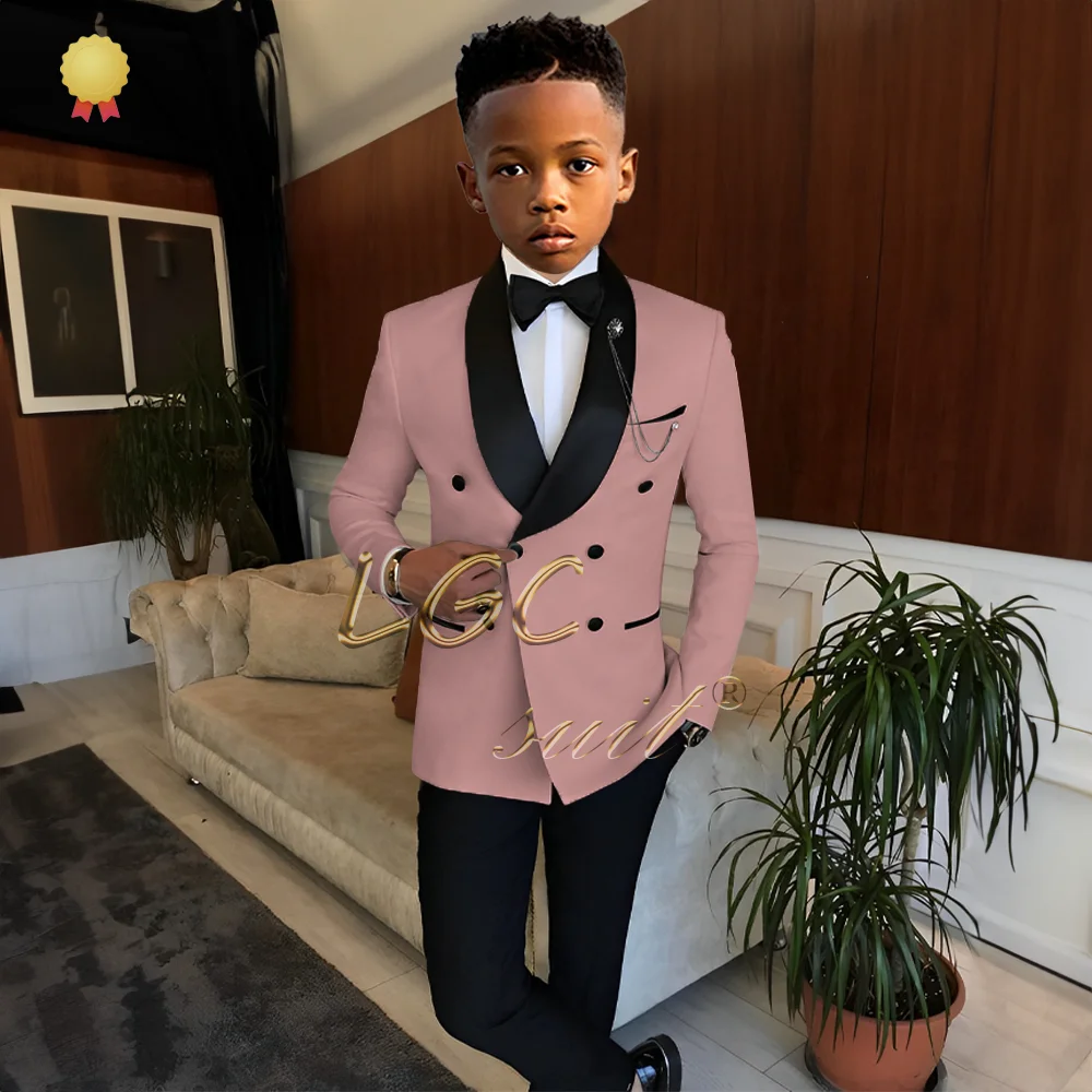 Boy's wedding black shawl collar double-breasted dress and trouser suit, tuxedo custom suit for boys 2 to 16 years old