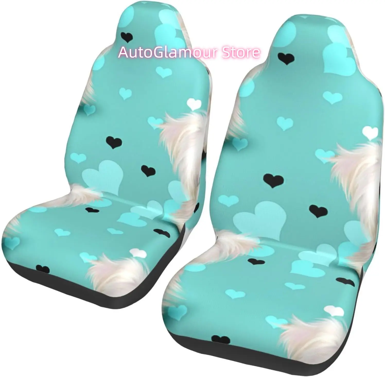 Maltese Dog Aqua Blue and Hearts 2-Piece   Seat Cover Complete Set - Elastic Seat Protection Cover for Cars, Trucks
