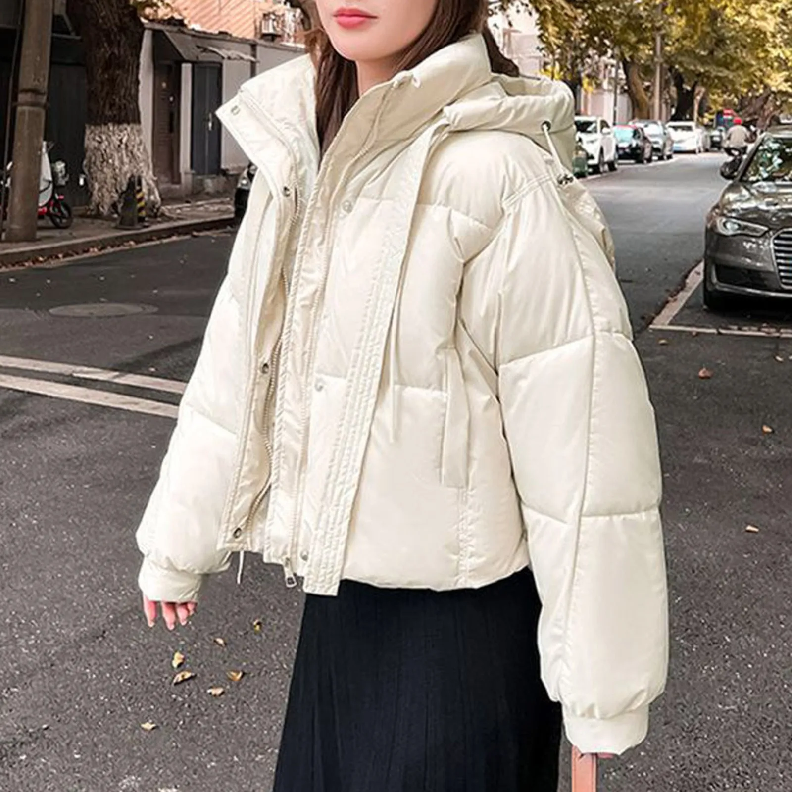 Women Korean Fashion Winter Padded Jacket Loose Long Sleeve Hooded Warm Coat Puffer Outwears For Women Streetwear Overcoat