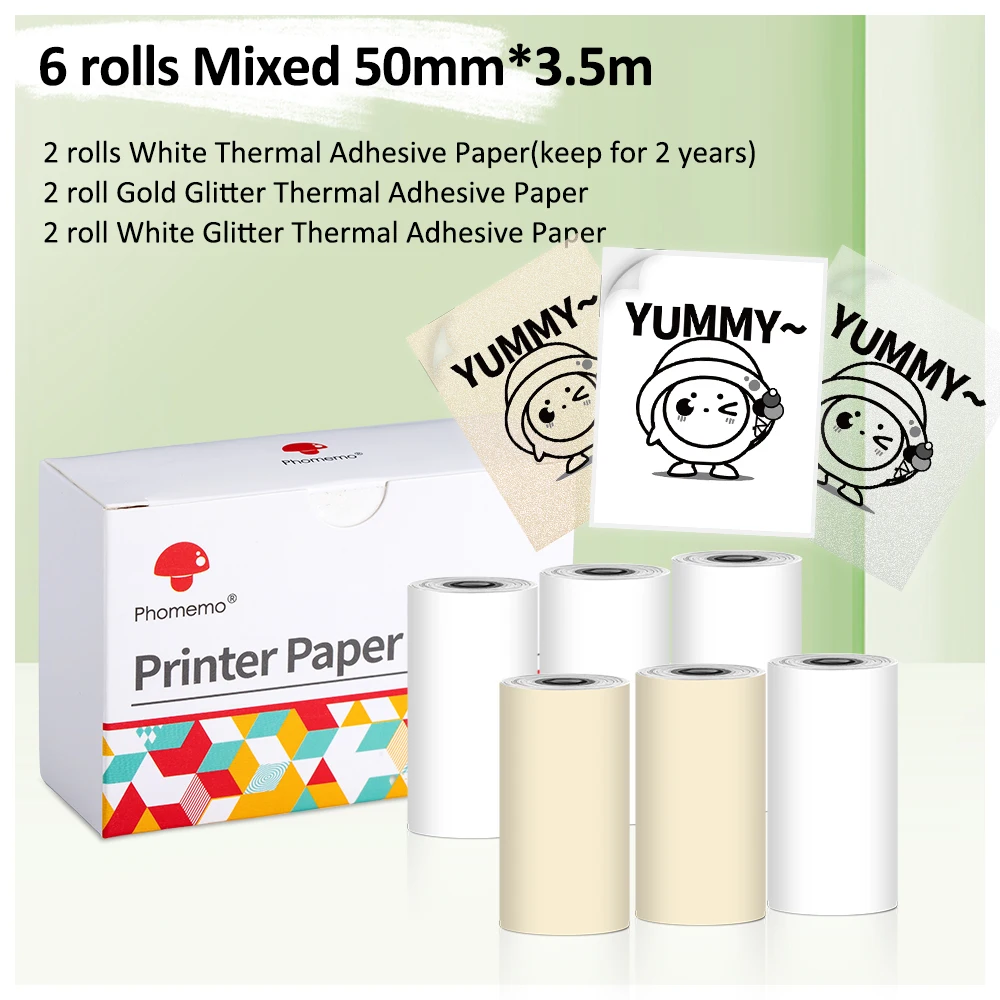 Phomemo-papel térmico autoadhesivo para Mini impresora portátil, adhesivo blanco/dorado/brillante, 50mm x 3,5 M, M02/M02S/M02PRO, 6 rollos