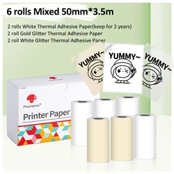 6 Rolls Phomemo White/Gold/Glitter Self-adhesive Thermal Paper Sticker 50mm*3.5M For M02/M02S/M02PRO Mini Protable Printer