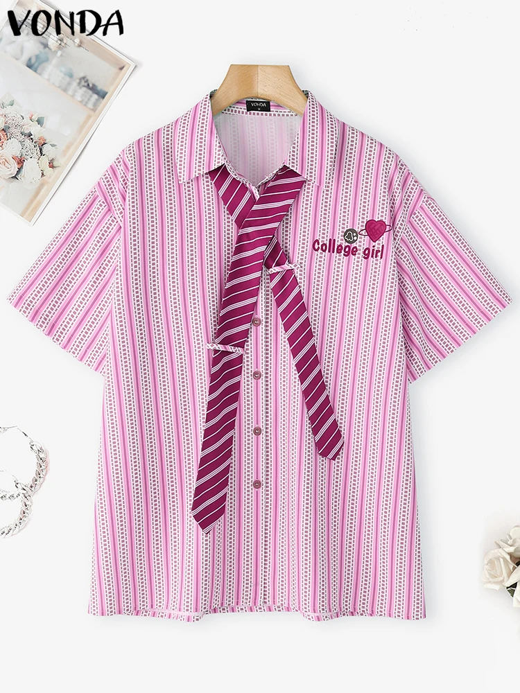 VONDA Summer Stripe Shirt Fashion Tie Turn-down Collar Tops Women Shirts Short Sleeve Blusas Party Streetwear Tunic Oversize