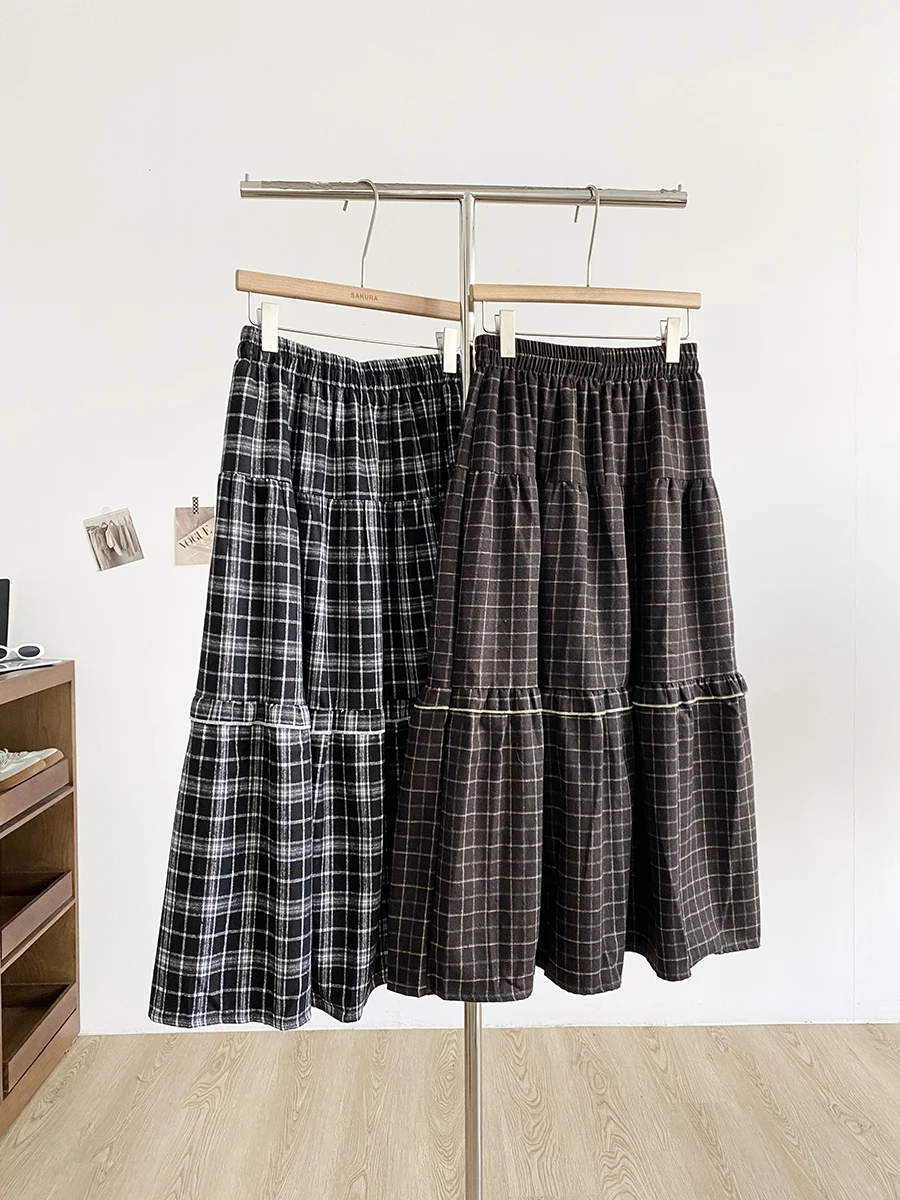 Retro Plaid High Waist Thickened A-Line Skirt Women's Autumn Winter Long Midi Skirt with Wood Grain  Woolen Commuter Style