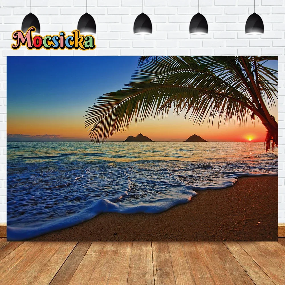 Summer Dusk Beach Birthday Party Photo Banner Palm Tree Photography Background Portrait Backdrop  Banner Studio props