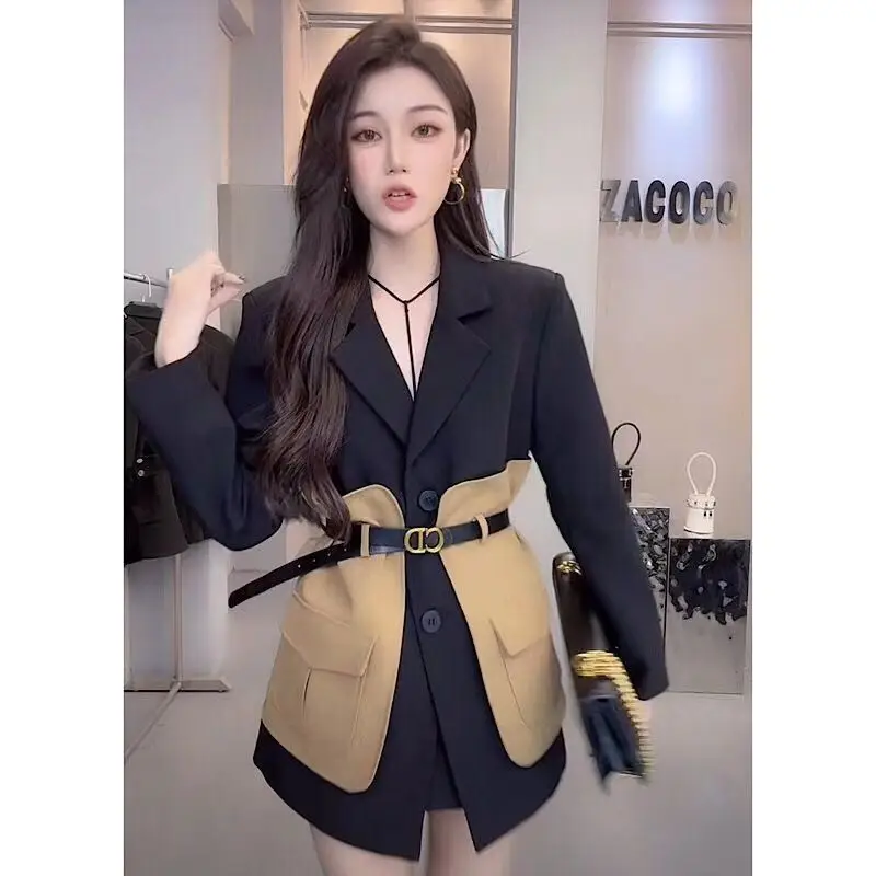 Autumn Women\'s Blazer Jacket Contrast Stitching Long Sleeve Overcoat Fashion With Belt Female Outwear