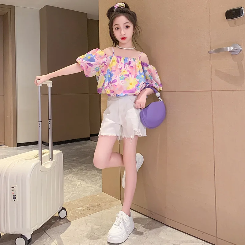 

hot sale 2023 New fashion girl Short Sleeve set for teenage girls fashion Clothing set Baby Fashion flower Summer Set