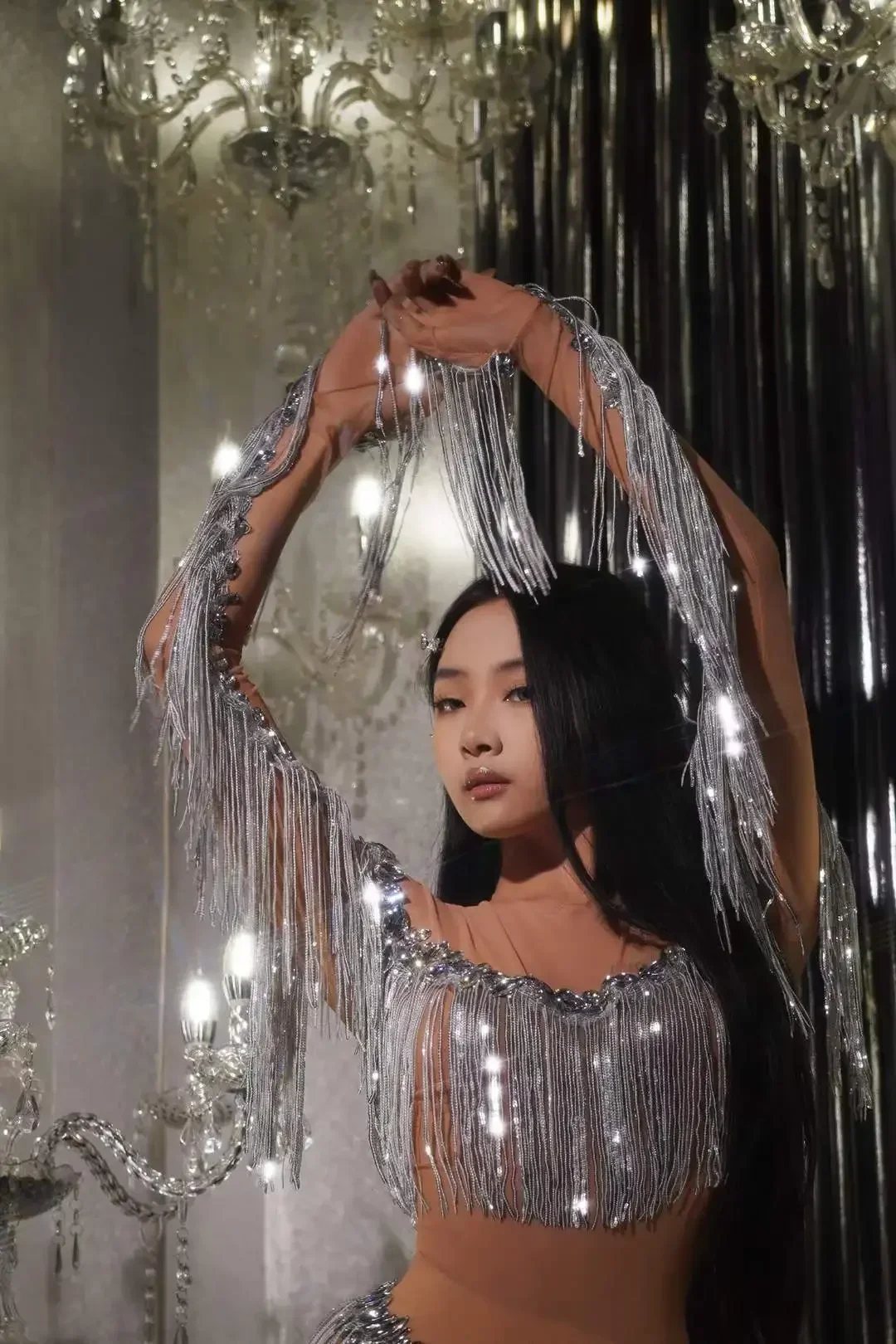 Zilveren Kwastje Vrouwen Sparkly Strass Jurk Zien Door Verjaardag Koningin Outfit Danser Zanger Stadiumkostuum Prachtig Vieren