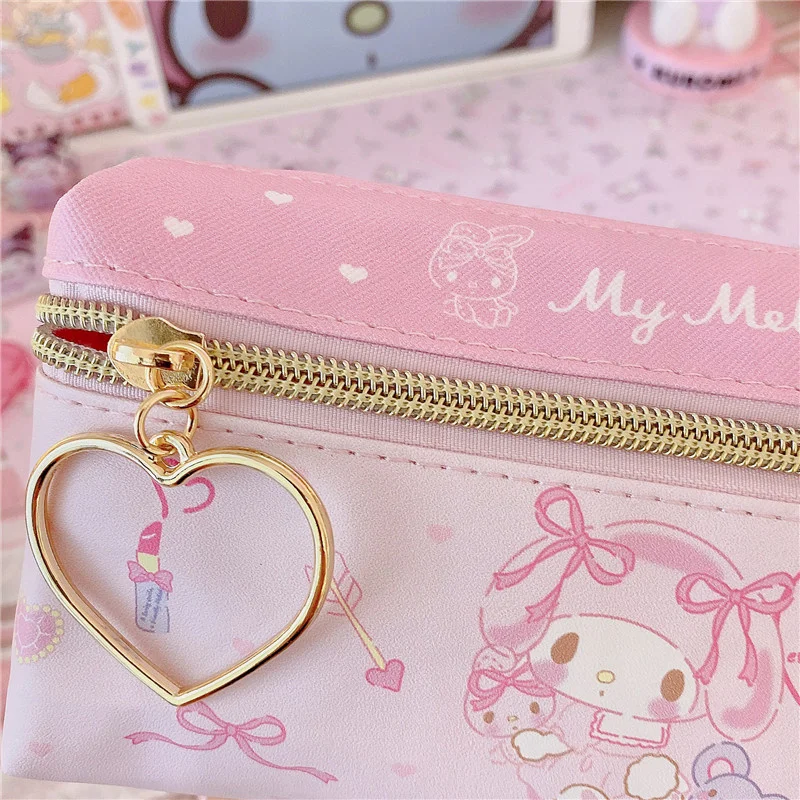 Sanrio Kawaii Double Zip Lápis Bag, Kuromi Melody Cinnamoroll, Papelaria para Estudantes da Escola, Saco De Armazenamento para Meninas, Presente