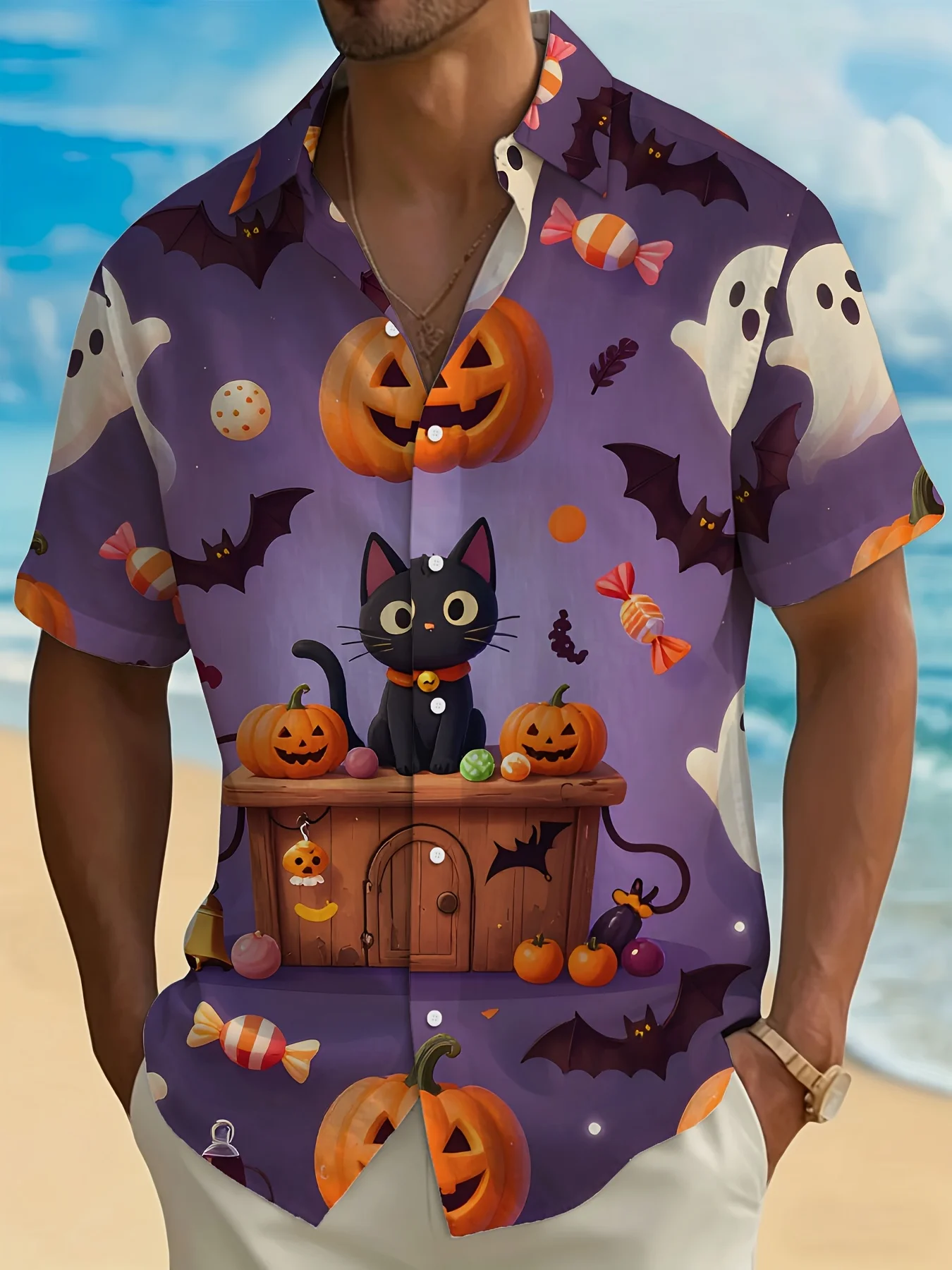 Men's Hawaiian Short Sleeve Shirt Vintage Colorful Halloween Black Cat Pumpkin Print Casual Beach Holiday Top Mens Clothing