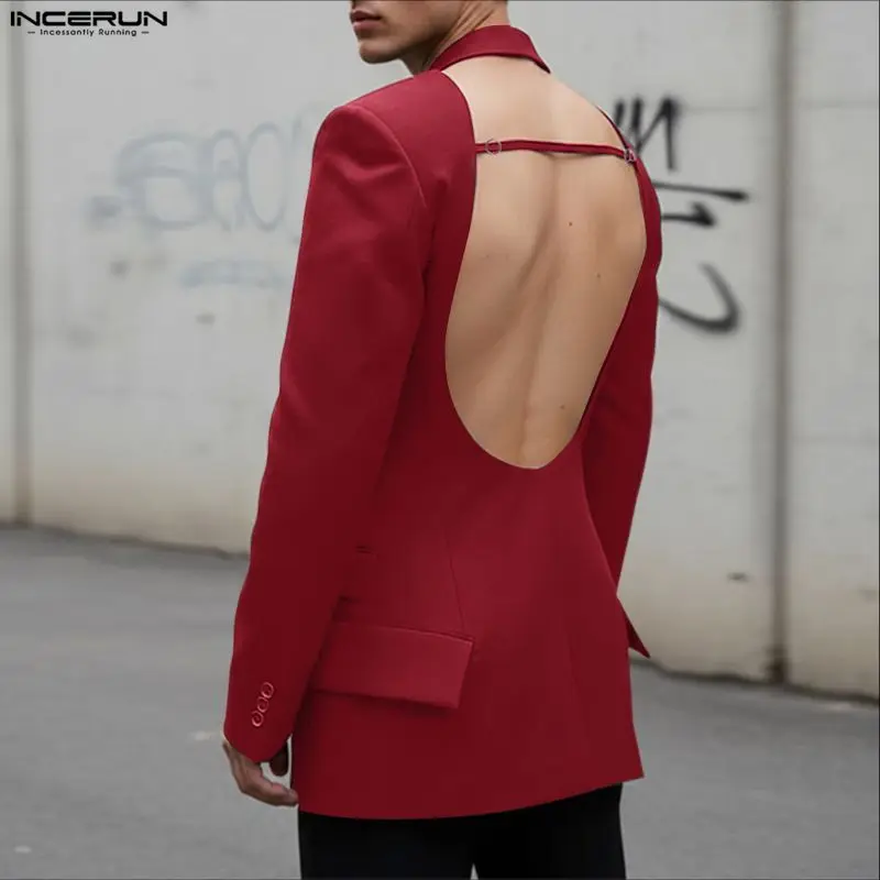 

INCERUN Men Blazer Solid Color Lapel Long Sleeve One Button Male Suit Backless Hollow Out Streetwear Fashion Casual Thin Coats