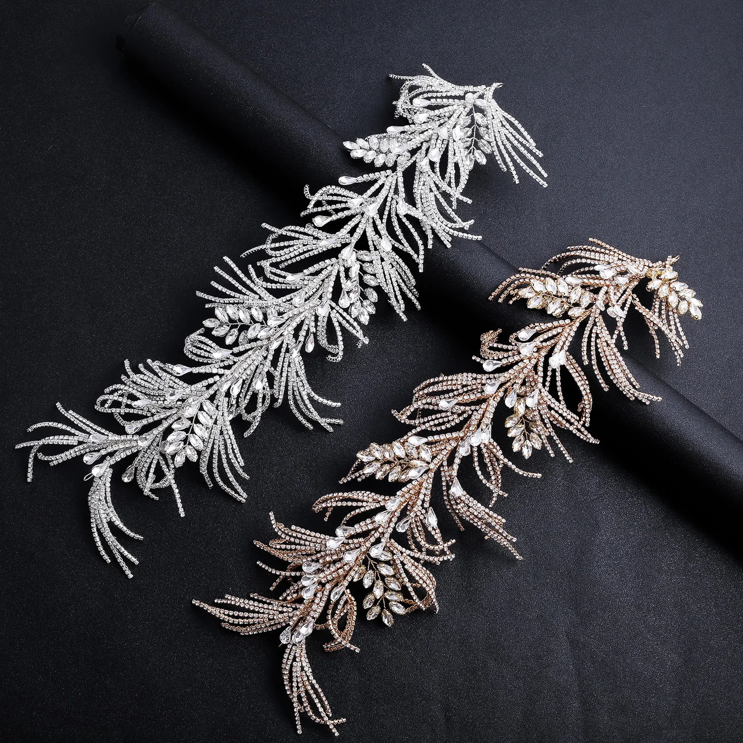 Applique Silver Gold Feather Crystal Rhinestone Patch For Wedding Bridal Gown Evening Dress DIY Garment Decoration