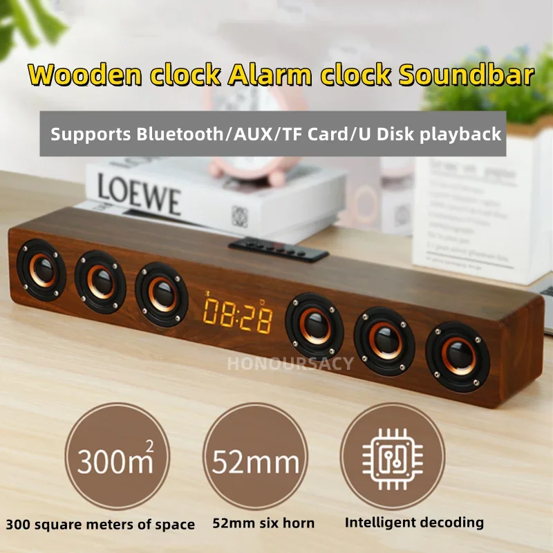 Wooden 6 Horn TV Soundbar Echo Wal Home Theater Sound System Bluetooth Speakers with Time Display High-power Computer Subwoofer