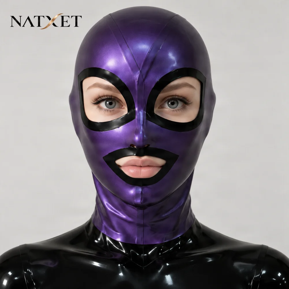 NATXET Handmade Natural Latex Hood Metallic Purple Rubber Mask Open Eyes & Mouth Nose Holes Back Zipper Custom