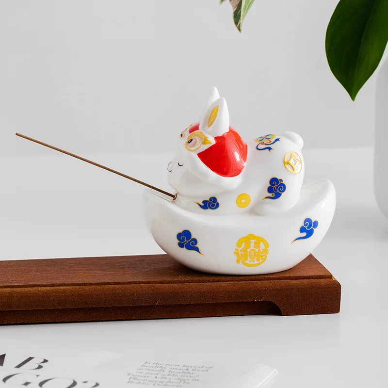 National Trend Lion Dance Cute Rabbit Ceramic Incense Holder, Yuanbao Stick Incense BurnerOffice Tabletop Aroma Decor Ornament
