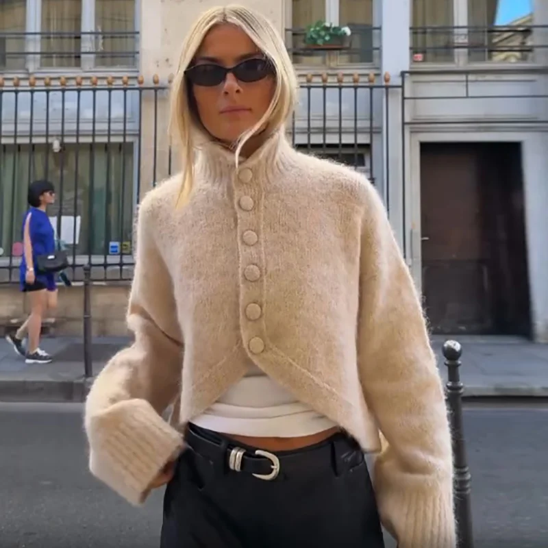 Women Fashion Stand Collar Fuzzy Knit Cardigan Sweater Button Front Irregular Hem Loose Knitwear New Fall High Street Daily Wear