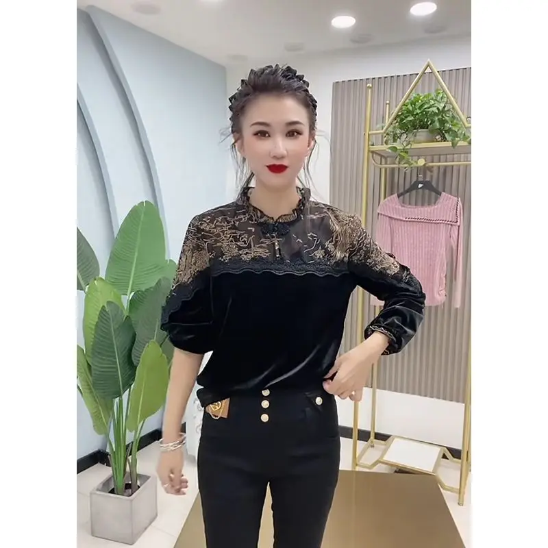 بلوزة نسائية أنيقة مع تطريز الأزهار وحواف من الدانتيل وياقة واقفة وأكمام طويلة ملابس ربيع الخريف بقصة ضيقة #5