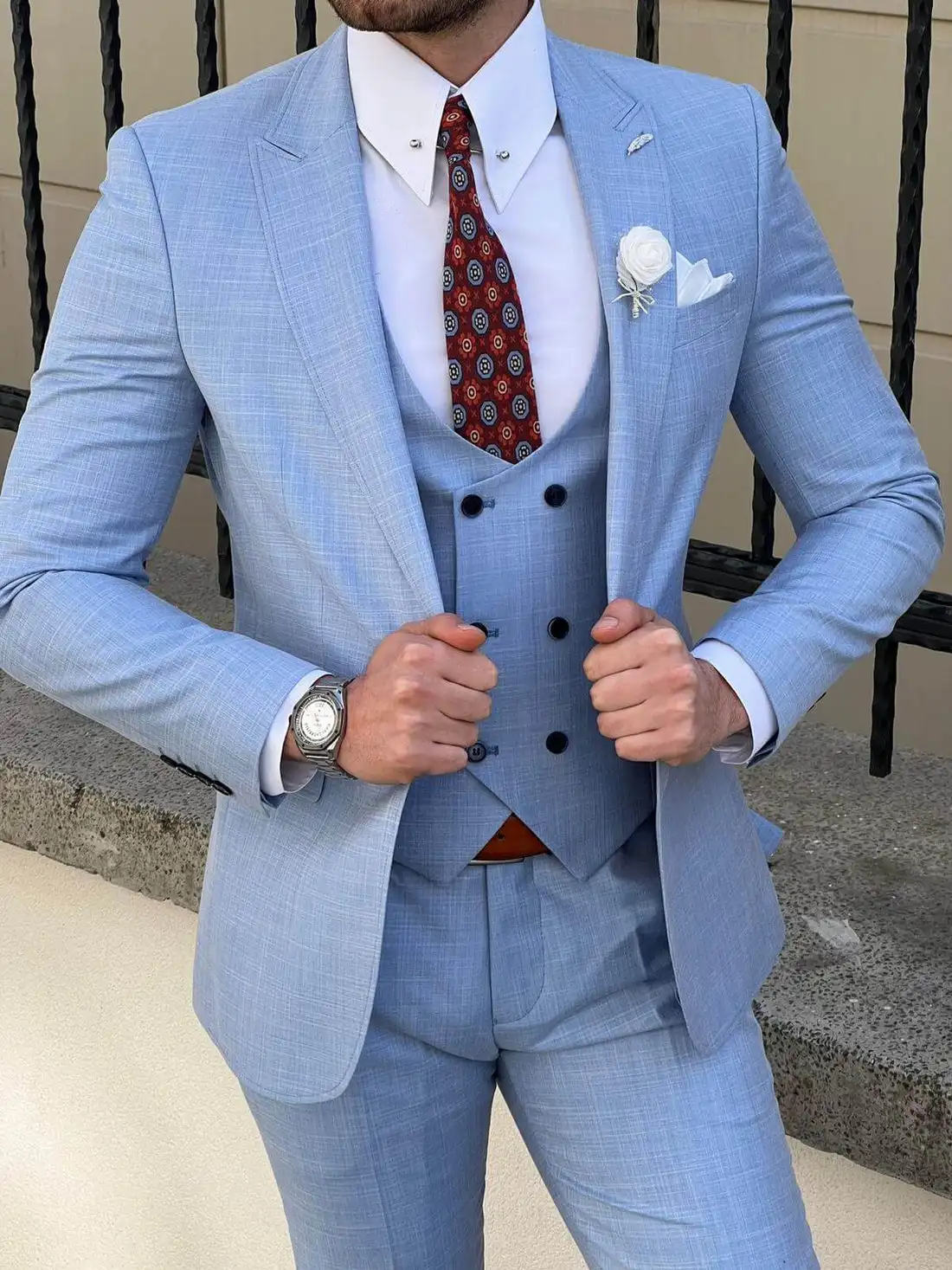 Blue Men\'s Suits Fashion Slim Fit One Button Pocket Design Male Tuxedo Formal Wedding 3-Piece Jacket+Pants+Vest Costume Homme