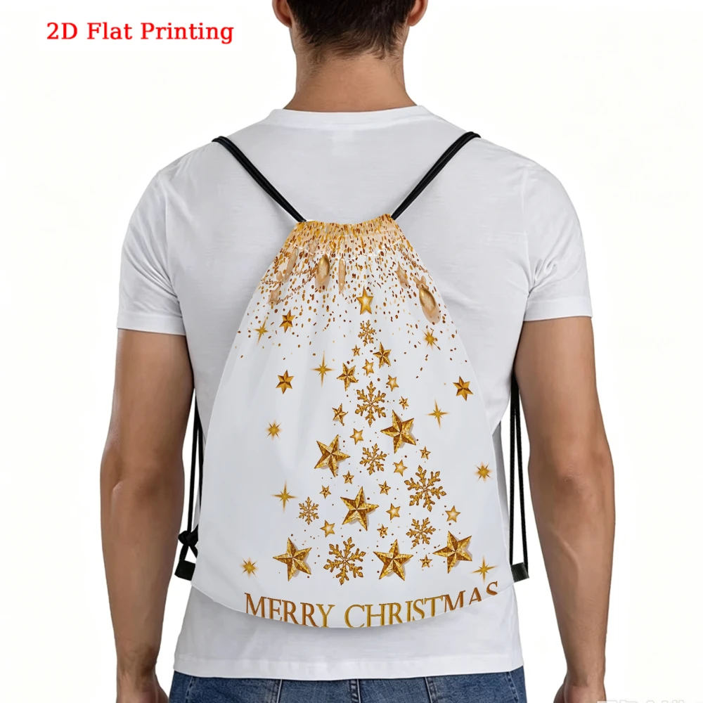 Casual Drawstring Backpack 2D Printed Golden Stars Snowflakes Christmas Pattern Fitness Sports Outdoor Travel Bag