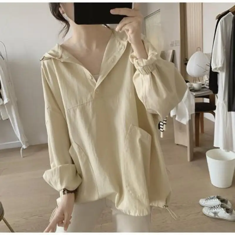 2023 New Spring and Autumn Fashion Personality Trend Simple Casual Loose Oversized Solid Long Sleeve Drawstring Women\'s Hoodie