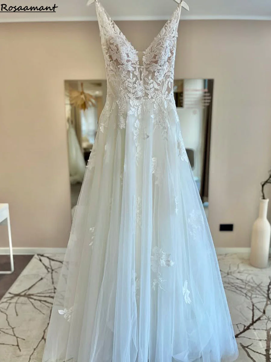 

2025 V-neck Boho Wedding Dresses Floor-length Tulle Vestido De Noiva Appliques A-line Backless Bridal Gowns For Women