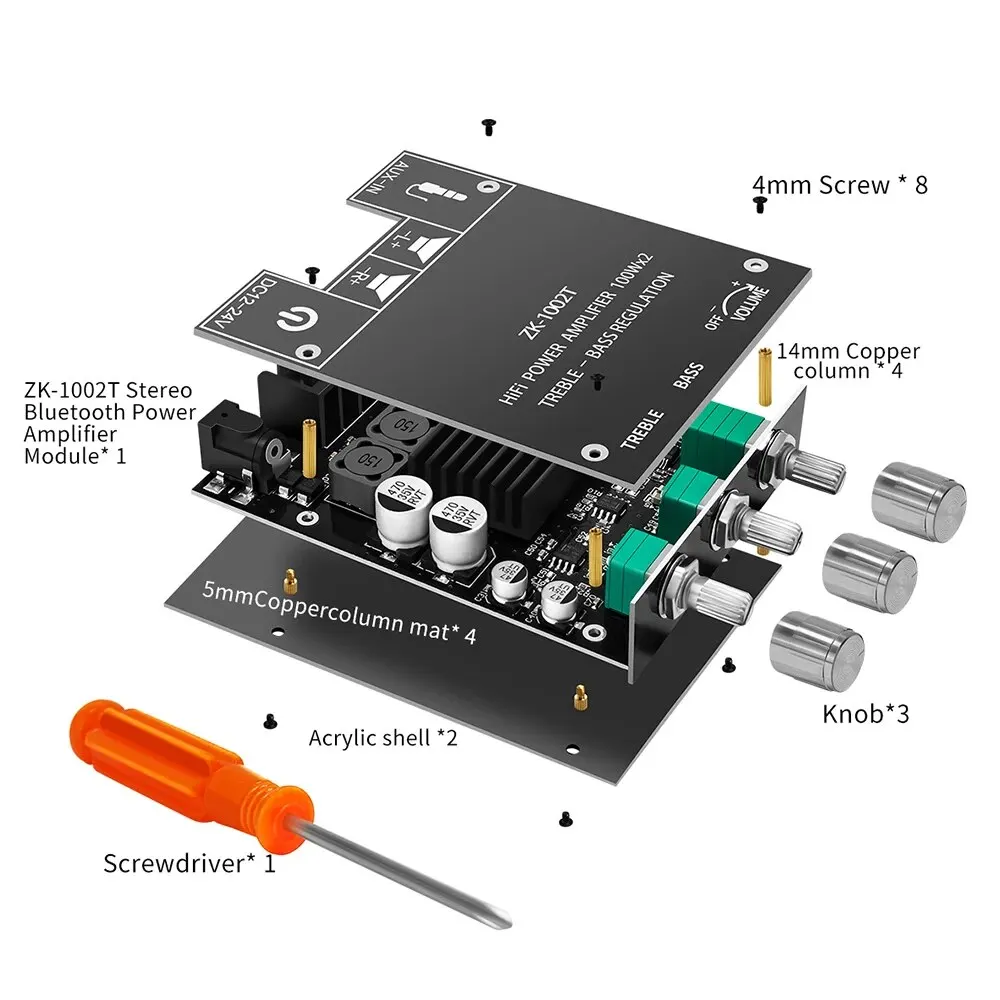 ZK-1002T Bluetooth-Compatible Amplifier HIFI 2.0 Channel 100Wx2 Audio Module Stereo Subwoofer Speaker Treble Bass Accessory