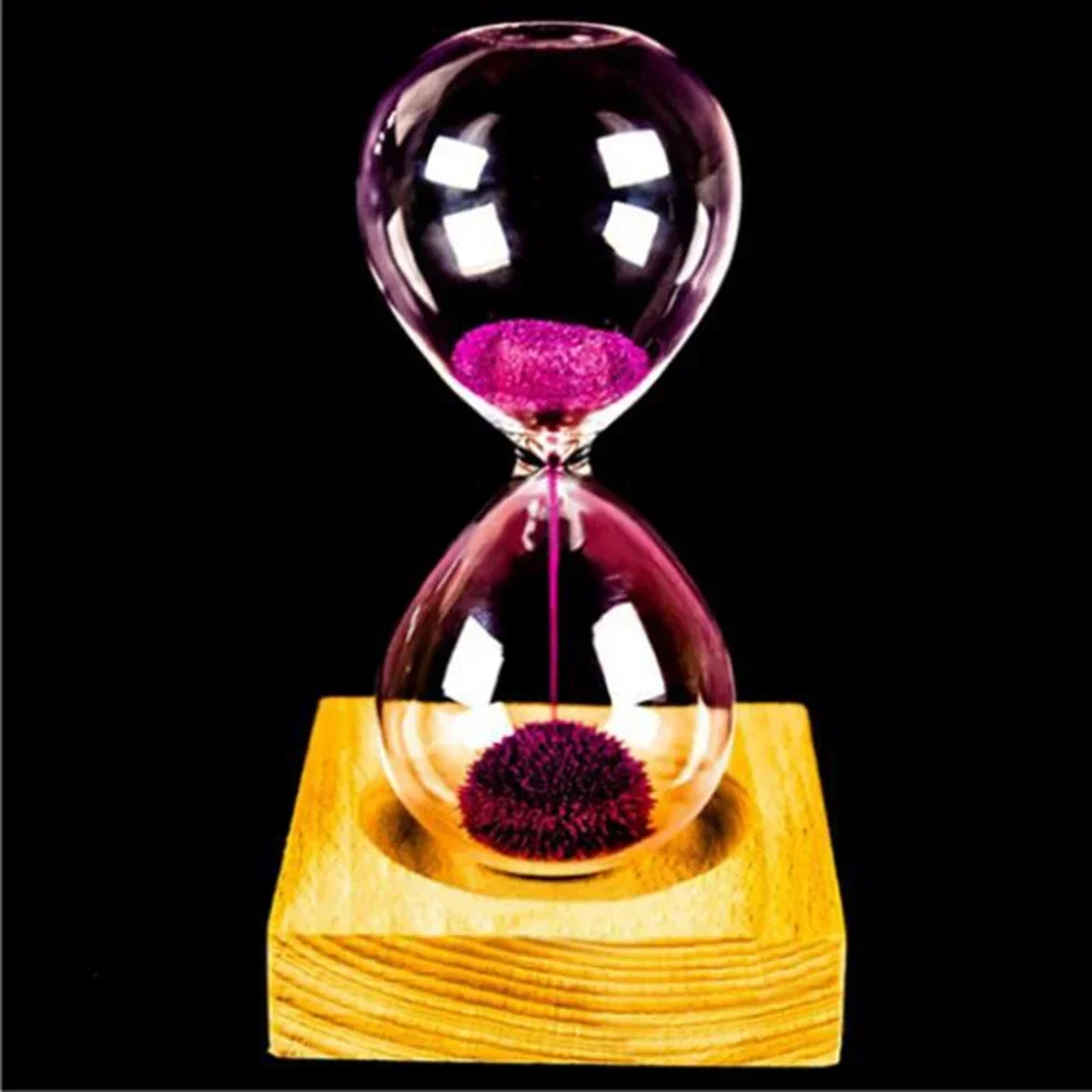 Home Hourglass Decoration Iron Powder Sand Iron Flowering Glass Magnetic Hourglass 13.5 * 5.5cm Wood Wooden Seat Gift Presents