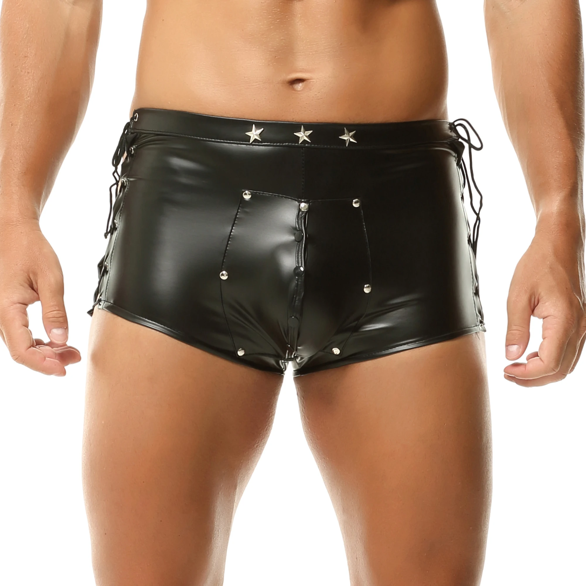 

Мужское нижнее белье с открытой выпуклостью и пуговицами, боксеры на шнуровке по бокам, шорты, плавки из искусственной кожи, эластичные трусы, сексуальные узкие трусики