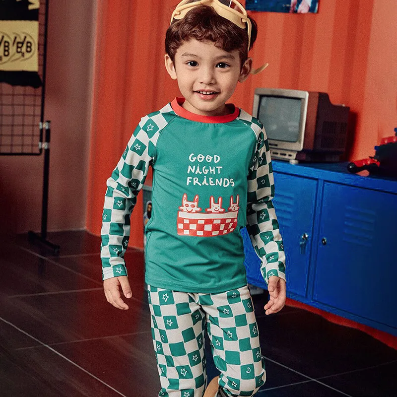 Boys Girls Two-piece Swimsuit Kids Cute Cartoon Plaid Sun-protective Quick-Dry Long Sleeve Surfing Bathing Suit Baby Swimwear