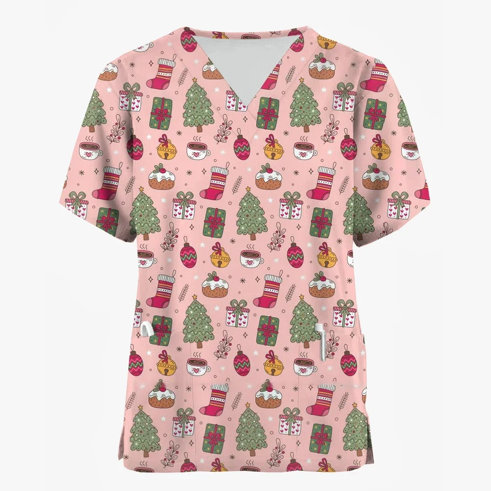 Natal médico esfrega para mulheres padrão dos desenhos animados impressão enfermeira dentária topos moda com decote em v manga curta uniforme clínico mulher