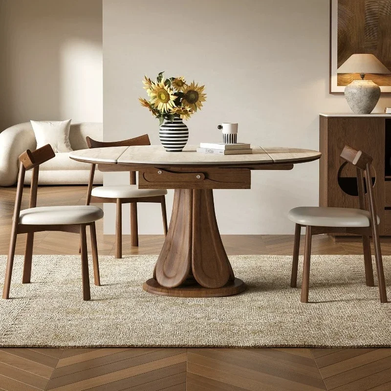 FG Modern Simple Rock Slab Retractable Dining Table Set Of 6 Chairs Luxury Folding Round Solid Wood Tables Kitcjen Pliante Desk