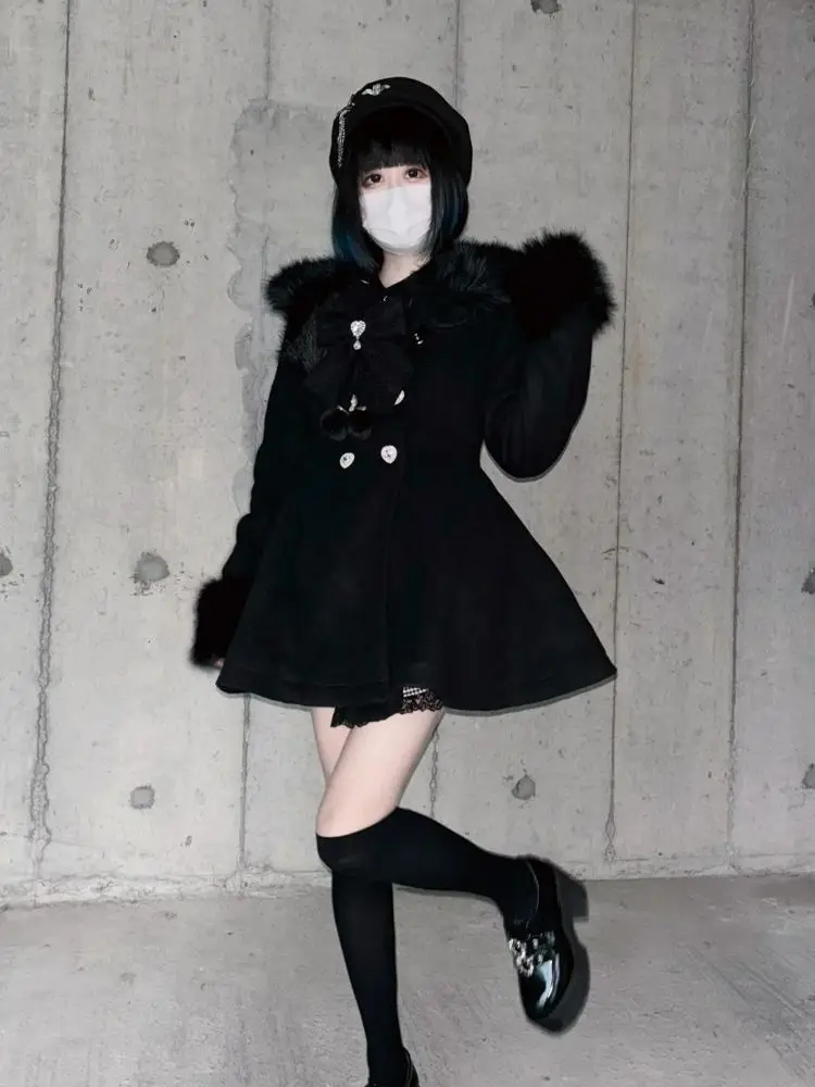 Autumn Winter Japanese Kawaii Lolita Woolen Coat Women Sweet Bow Plush Slim Jacket Female Korean Style Warm Dress Cute Overcoat
