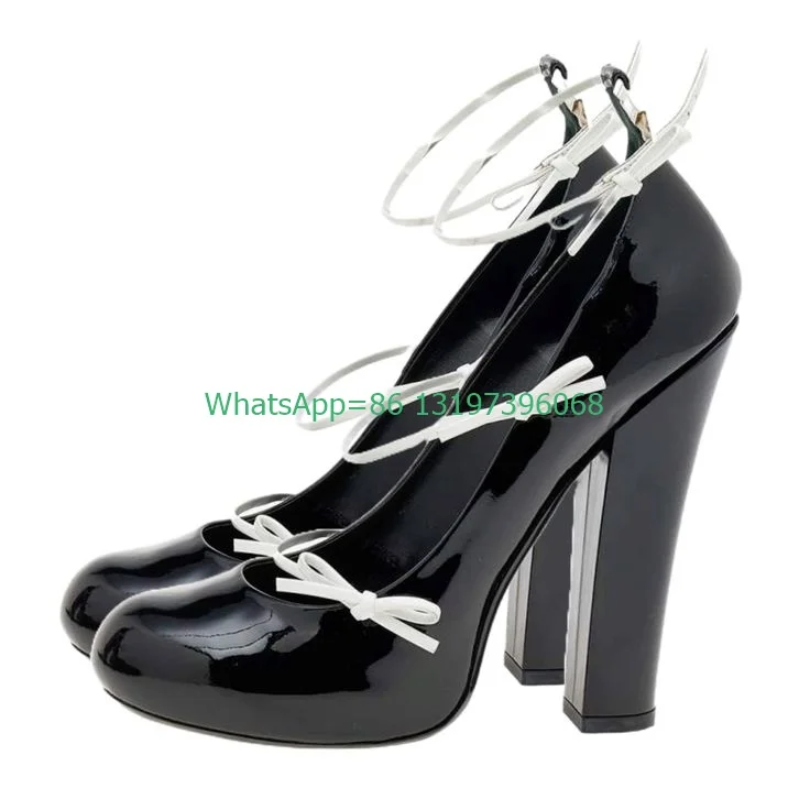 Lady elegant mirror PU patent bowtie pumps chunky heel sexy Mary Janes pumps new arrive white black mix color high heels size 46