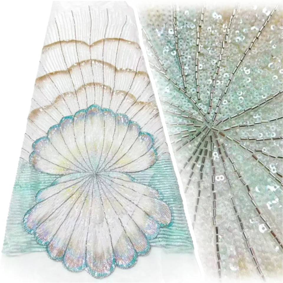 

Light Blue New Design Fashion European Art Pattern 5Yards French Beaded Sequins Lace Fabric Wedding Banquet Wedding Dresses 2037