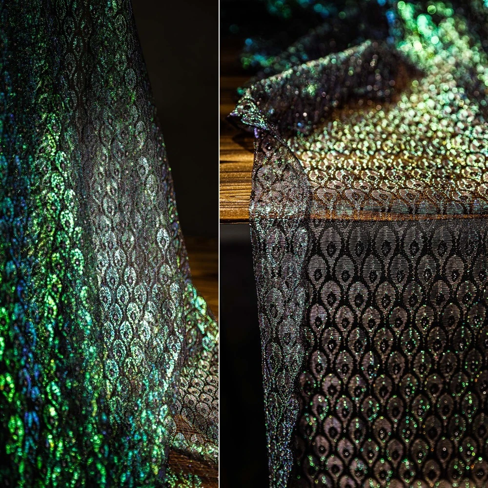 

Black Base Teal Iridescent Peacock Feather Mesh Fabric, Hollow-Out for DIY Dress Gown Designer