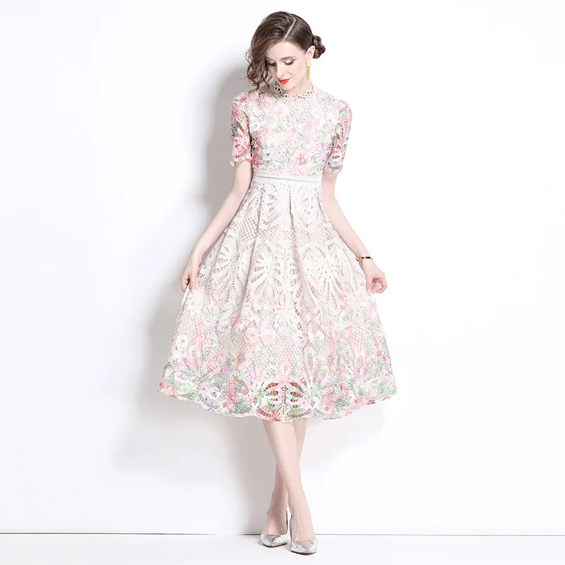 Korean Floral Elegant Dress Women Lace Print Sweet Vintage Hollow out Dress